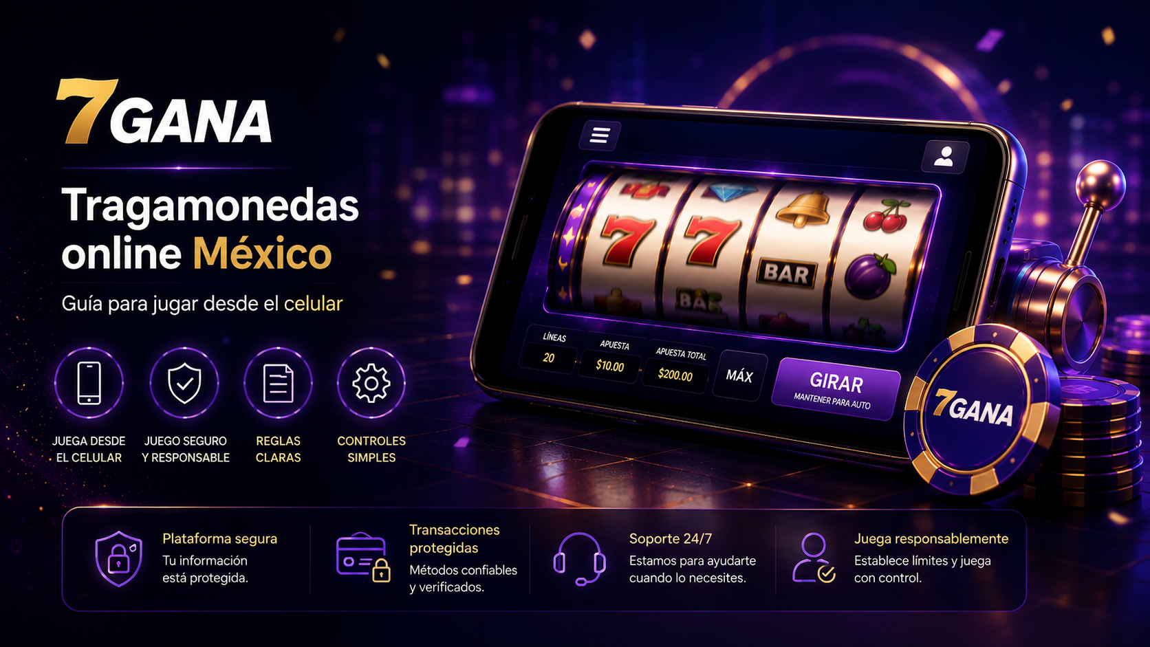 Escena editorial sobre tragamonedas online México con interfaz de juego y elementos visuales para revisar reglas de forma responsable.