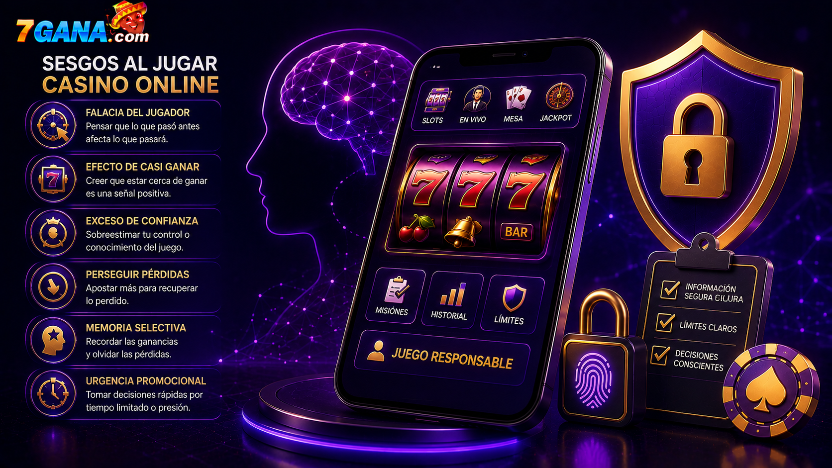 Ilustración editorial sobre sesgos al jugar casino online para una guía informativa dirigida a usuarios adultos en México.