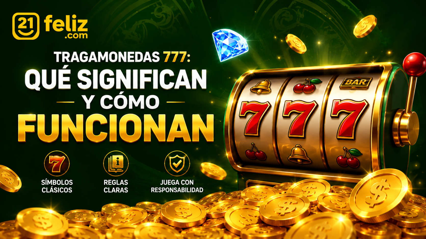 Tragamonedas 777 clásica con tres carretes, símbolos de siete, campanas y frutas en un entorno digital moderno.