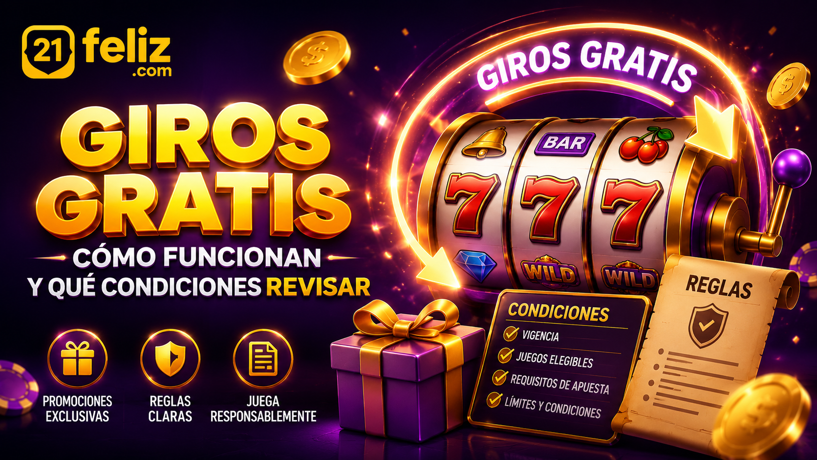 Giros gratis representados con carretes, un símbolo de rotación y elementos de promoción sujetos a reglas y condiciones.