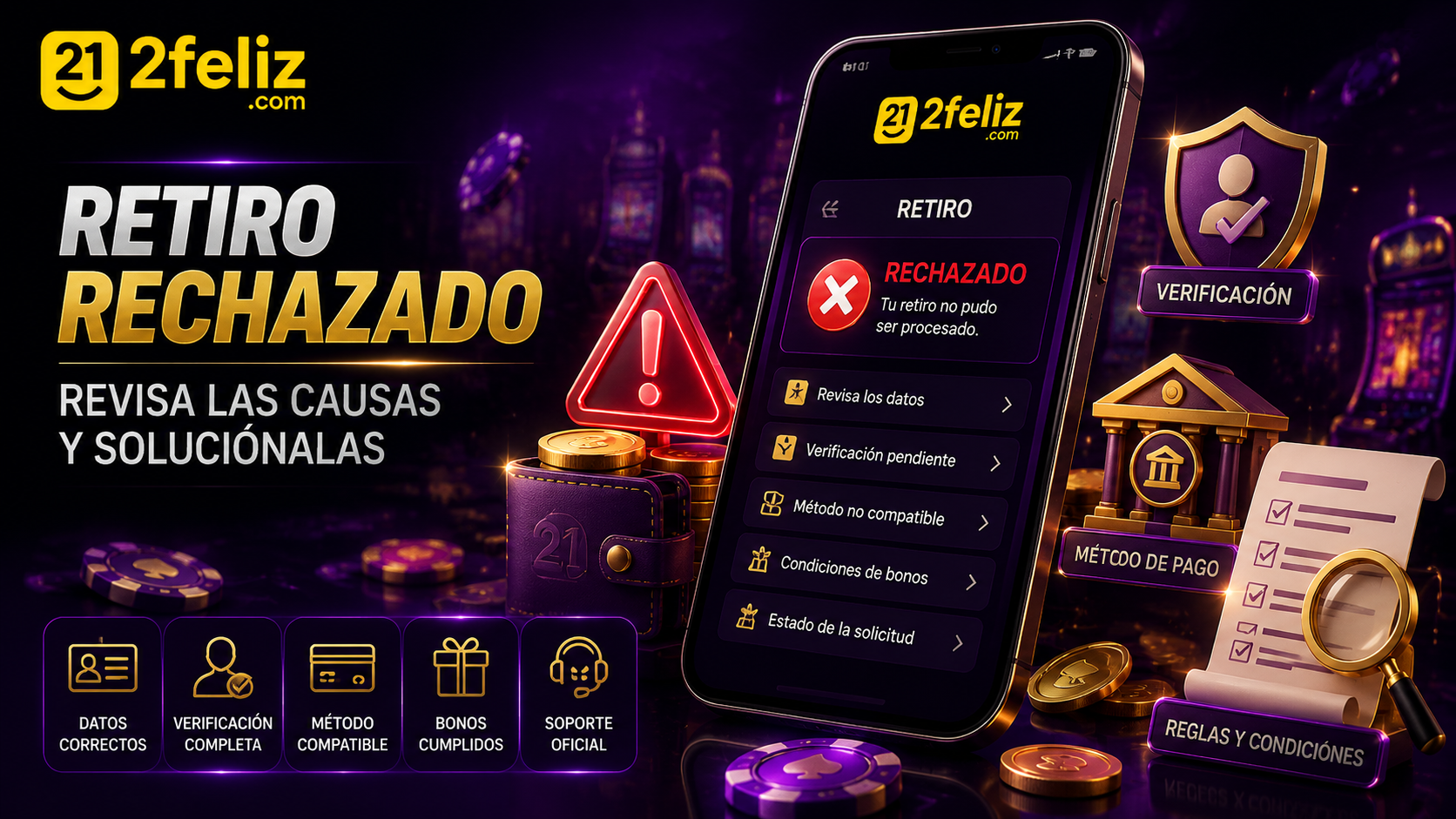 Retiro rechazado representado con una solicitud móvil y controles de verificación, método de pago y condiciones de cuenta.