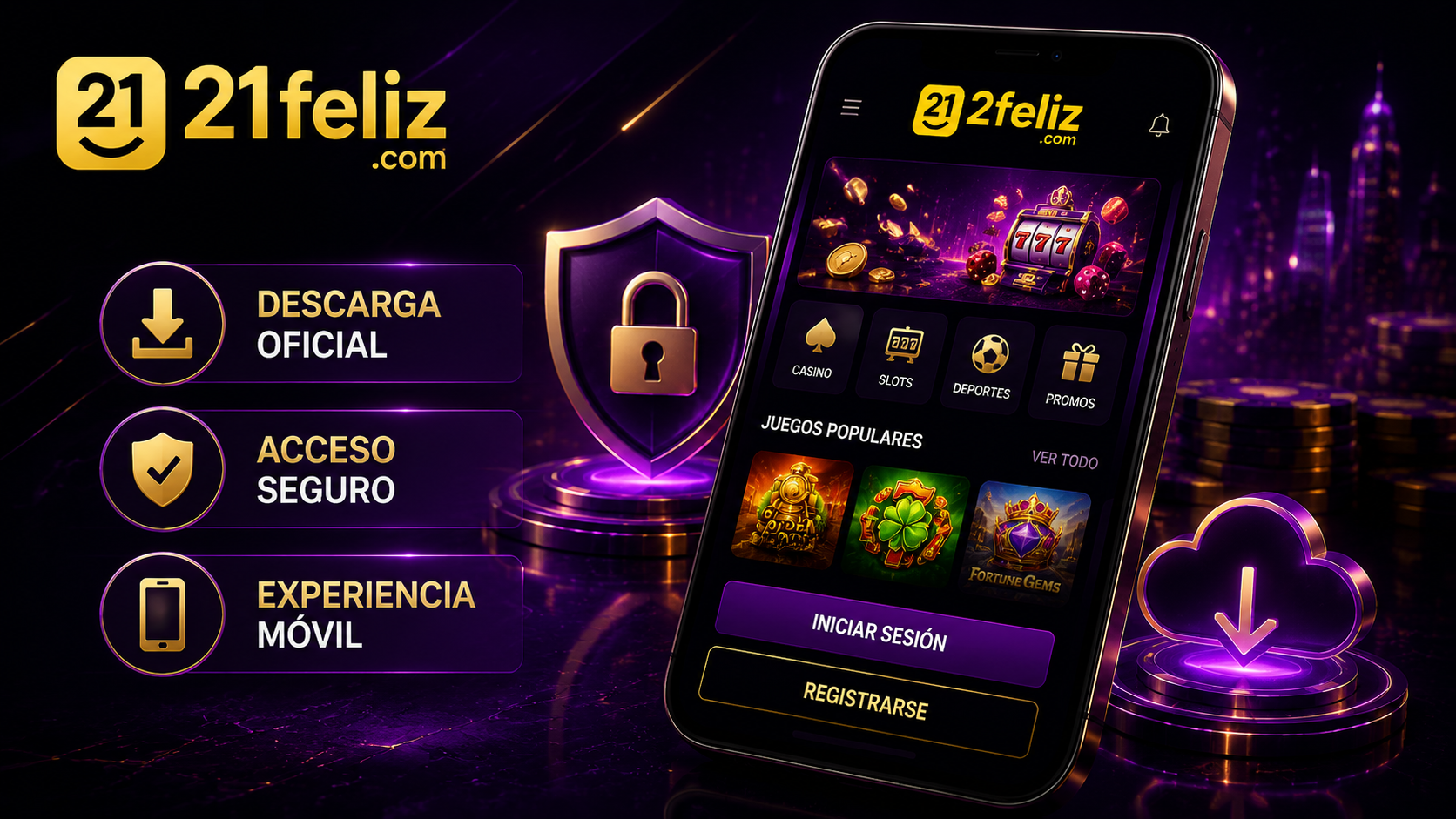 21FELIZ app en un teléfono con acceso móvil, descarga y controles de seguridad para usuarios adultos en México.
