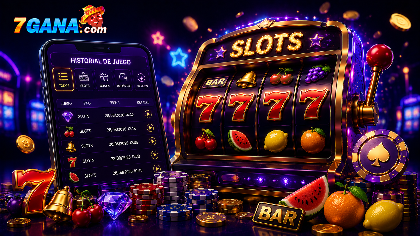 Ilustración editorial relacionada con historial de juego en casino online, creada para una guía informativa de 7GANA para usuarios adultos en México.
