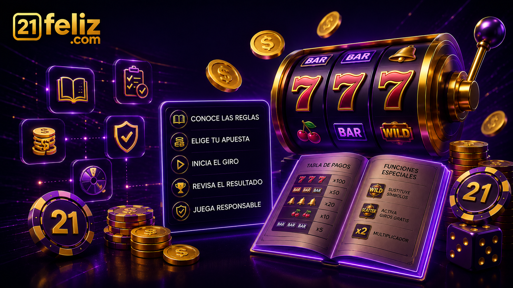 Guía visual sobre cómo jugar tragamonedas con elementos de juego digital, reglas y control responsable en un entorno moderno.