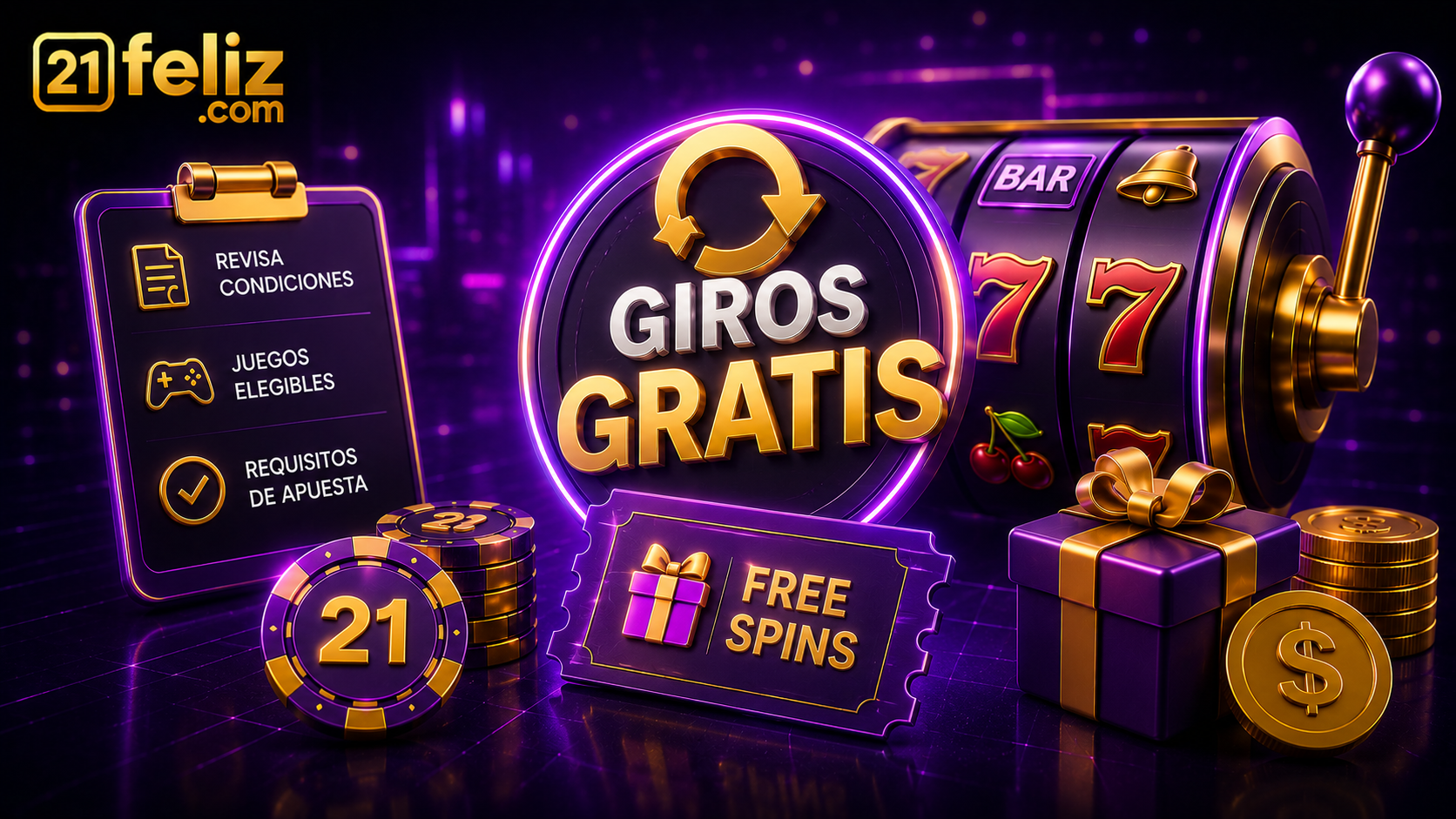 Guía visual sobre giros gratis con elementos de juego digital, reglas y control responsable en un entorno moderno.