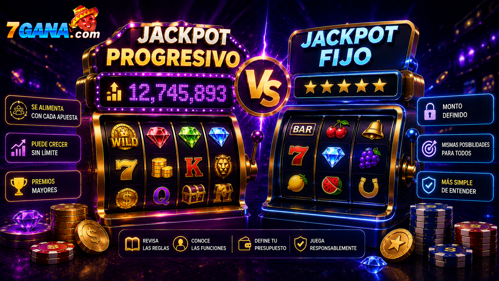 Ilustración editorial relacionada con jackpot progresivo vs jackpot fijo, creada para una guía informativa de 7GANA para usuarios adultos en México.