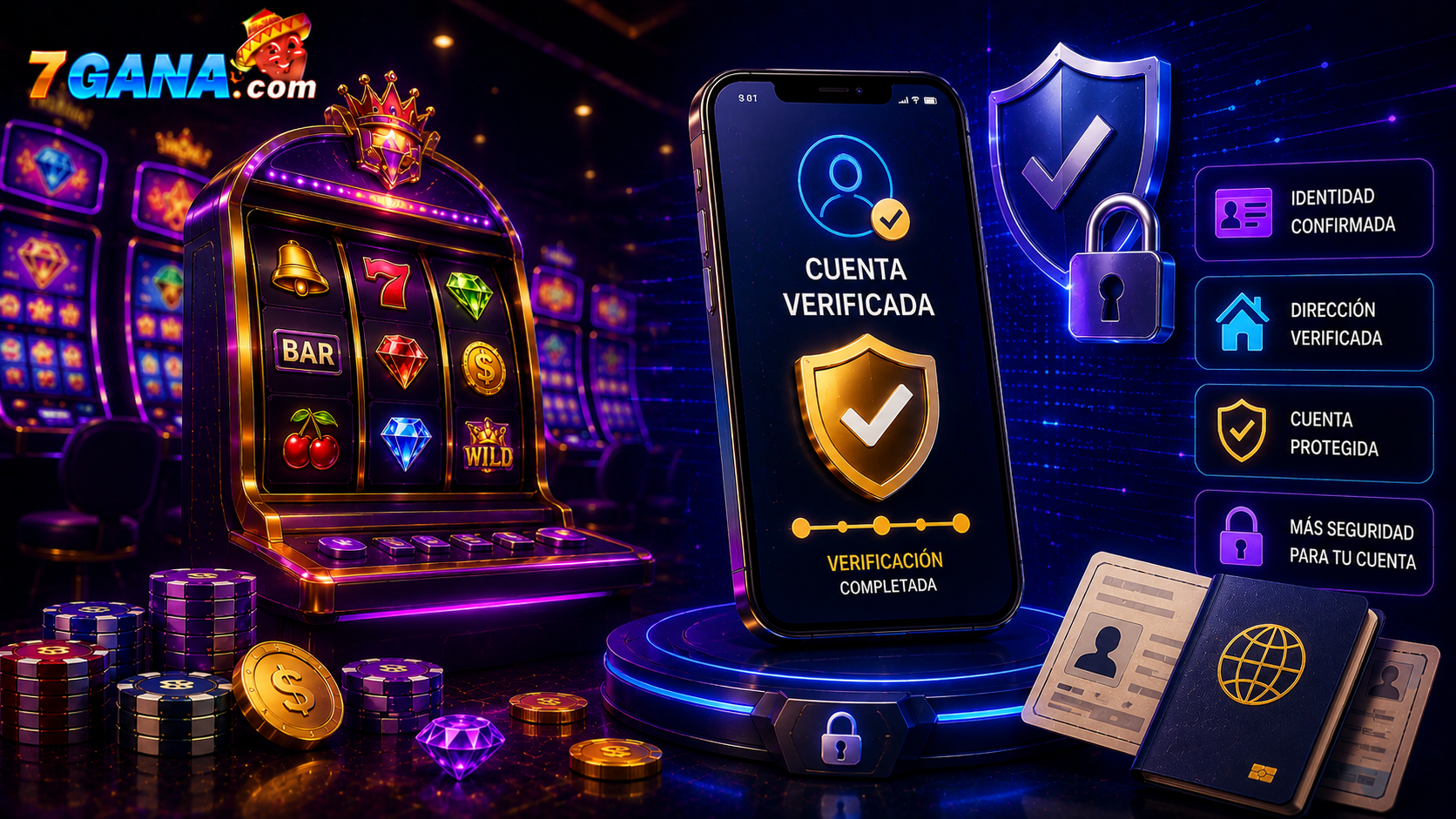 Ilustración editorial relacionada con verificación de cuenta en casino online, creada para una guía informativa de 7GANA para usuarios adultos en México.