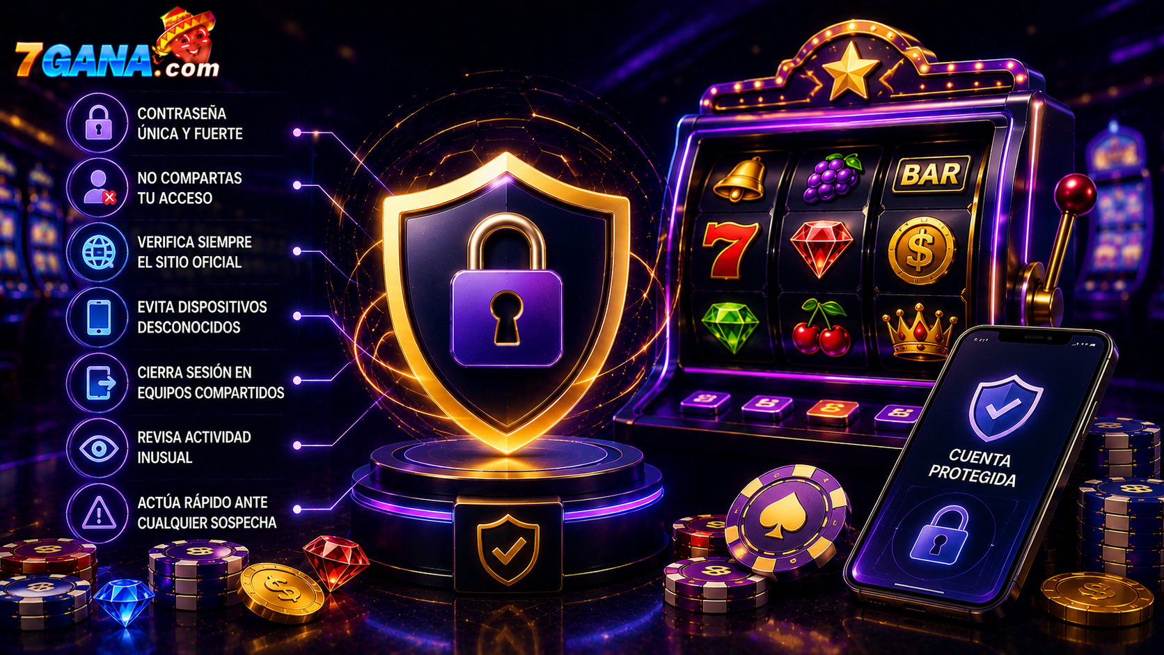 Ilustración editorial relacionada con seguridad de cuenta de casino online, creada para una guía informativa de 7GANA para usuarios adultos en México.