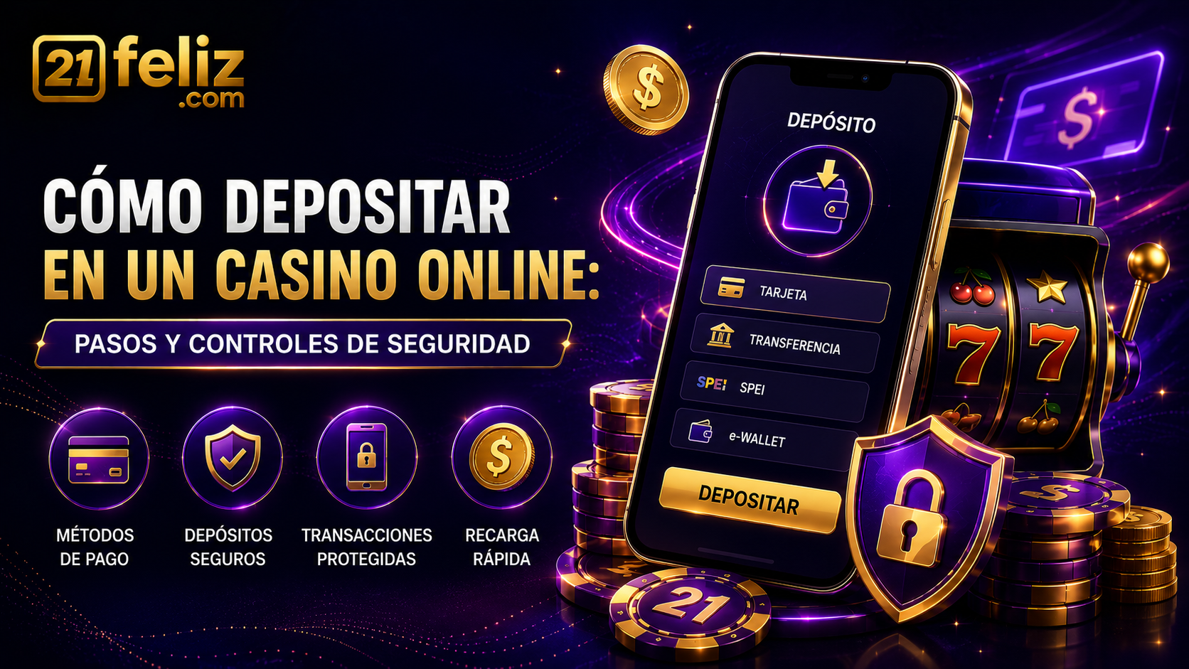 Composición editorial sobre cómo depositar en un casino online con elementos de juego digital, reglas claras y control responsable.