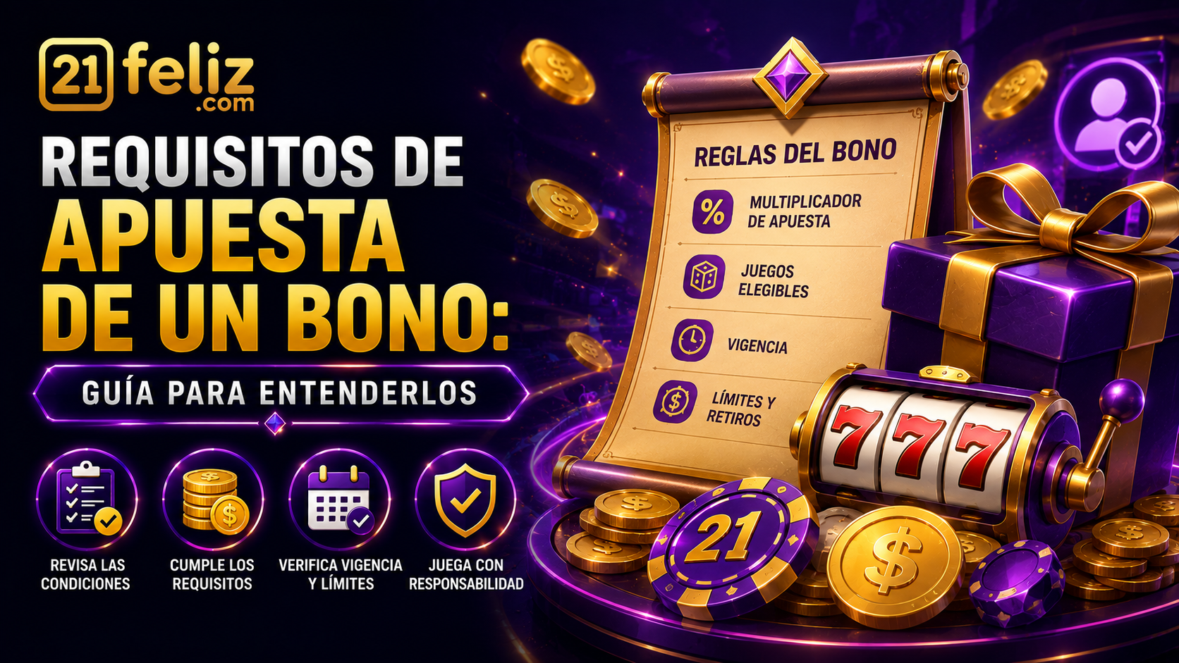 Composición editorial sobre requisitos de apuesta de un bono con elementos de juego digital, reglas claras y control responsable.
