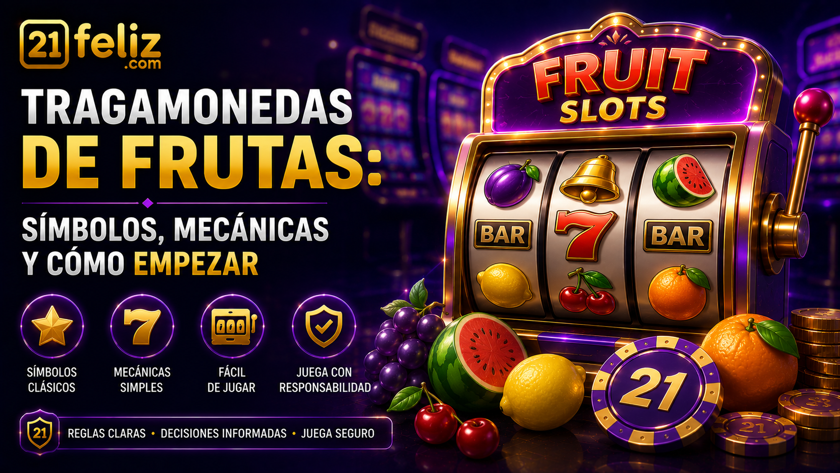 Composición editorial sobre tragamonedas de frutas con elementos de juego digital, reglas claras y control responsable.