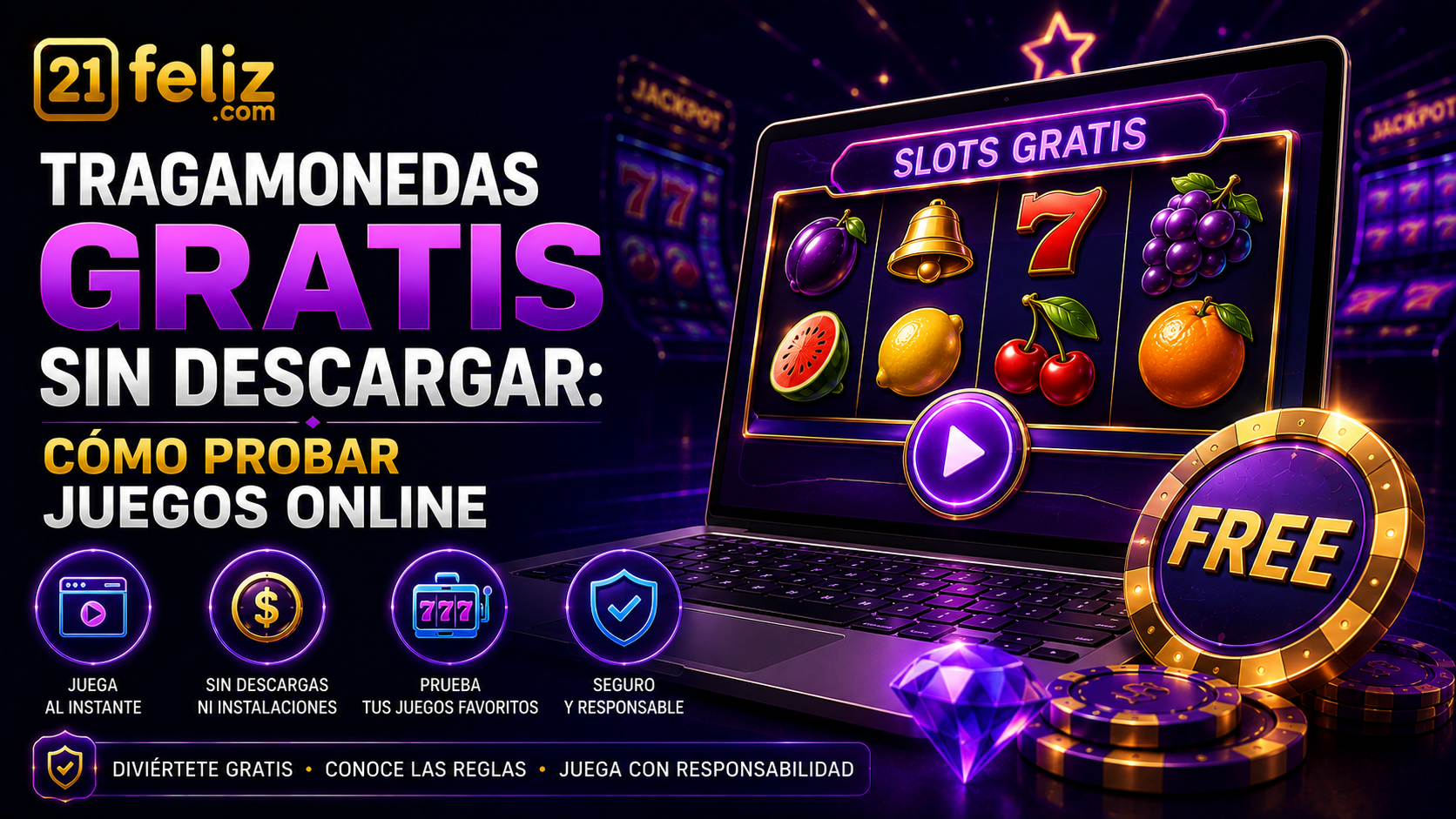 Composición editorial sobre tragamonedas gratis sin descargar con elementos de juego digital, reglas claras y control responsable.