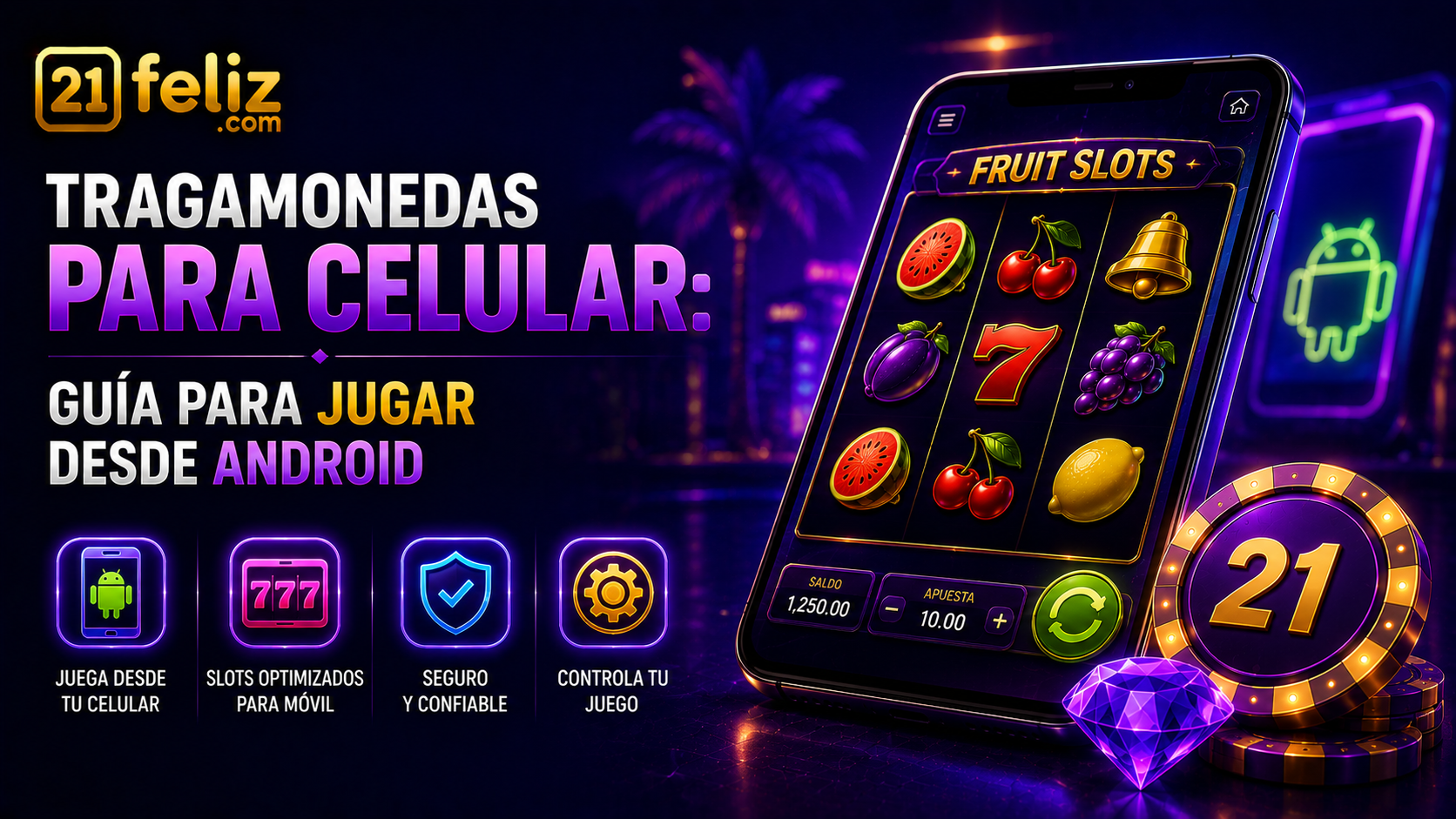 Composición editorial sobre tragamonedas para celular con elementos de juego digital, reglas claras y control responsable.