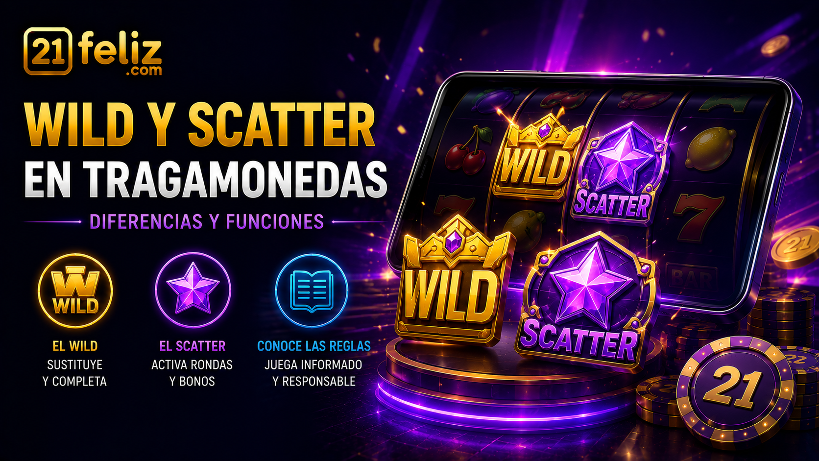 Visual editorial sobre Wild y Scatter en tragamonedas con elementos de juego digital y composición clara para usuarios adultos en México.