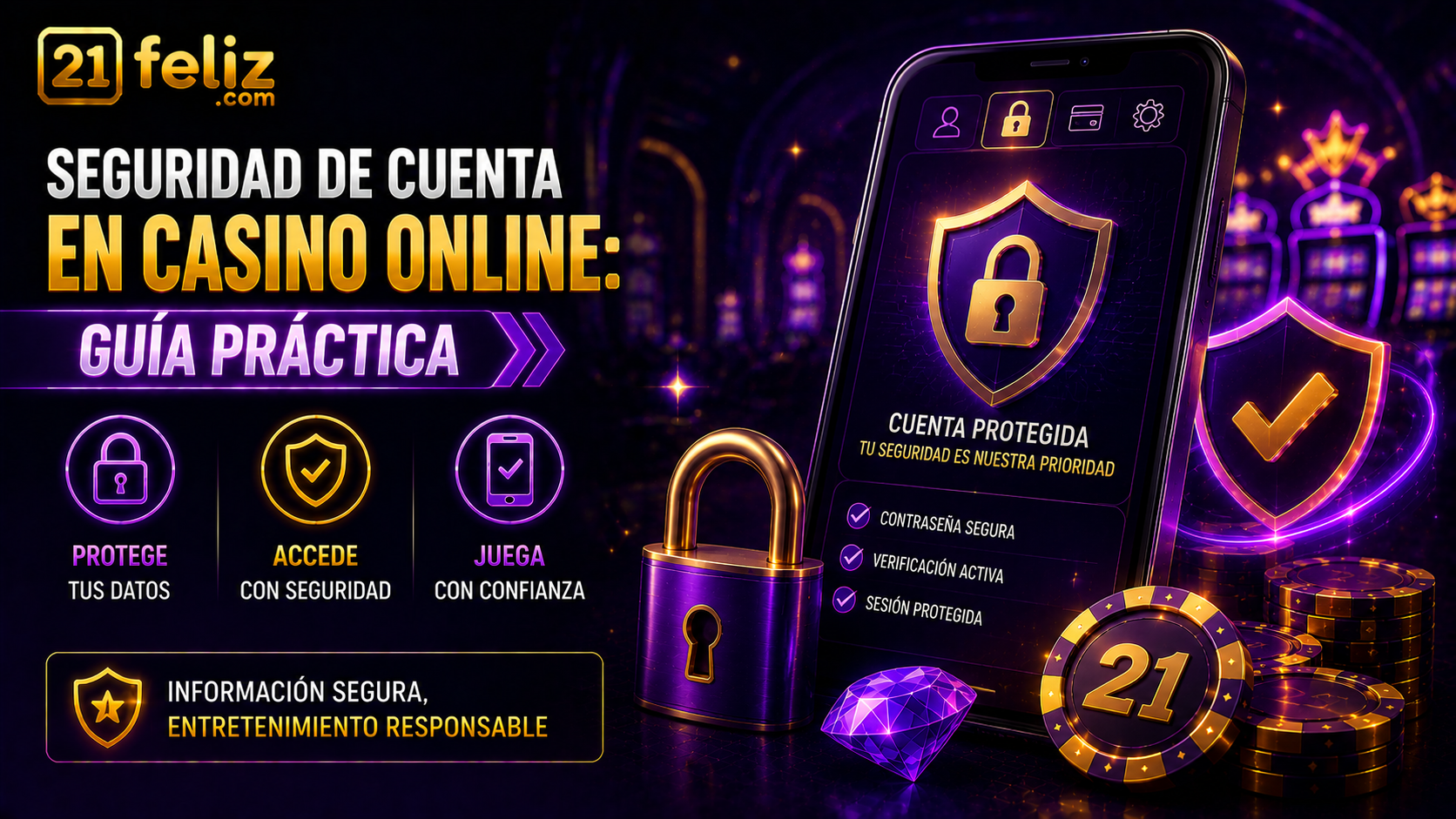 Visual editorial sobre seguridad de cuenta en casino online con elementos de juego digital y composición clara para usuarios adultos en México.