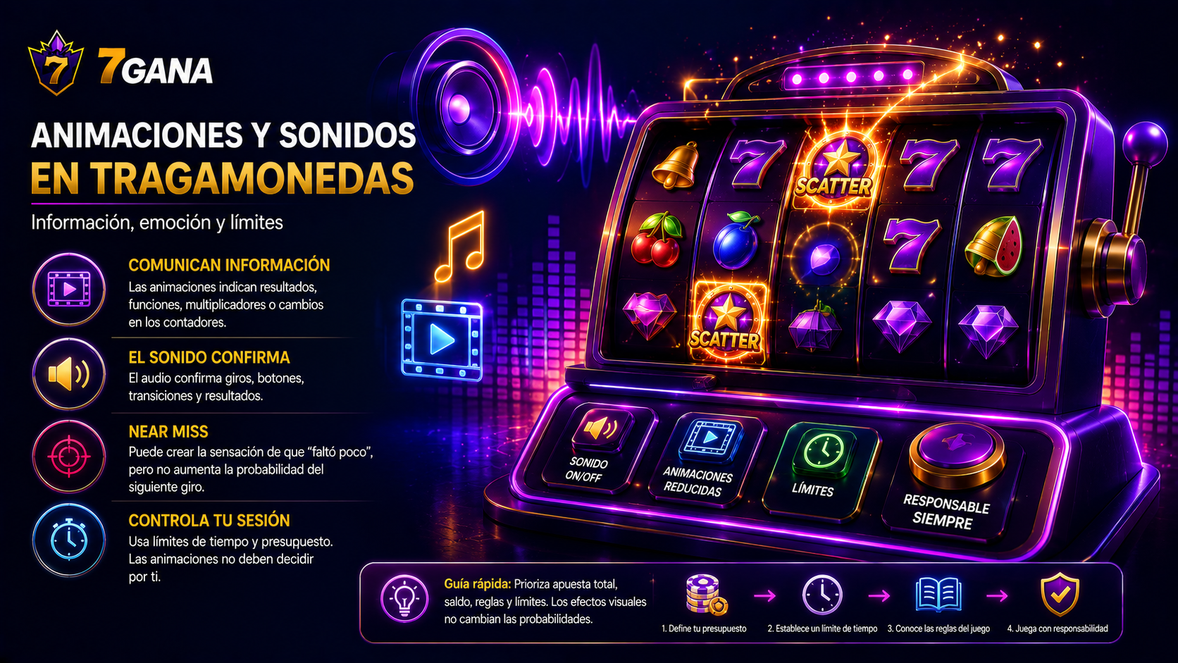 Ilustración editorial que representa animaciones y sonidos en tragamonedas mediante elementos visuales relacionados directamente con su funcionamiento.