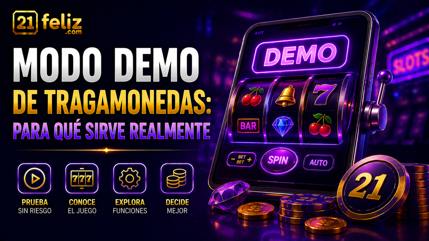 Imagen editorial sobre modo demo de tragamonedas con composición clara para usuarios adultos en México.