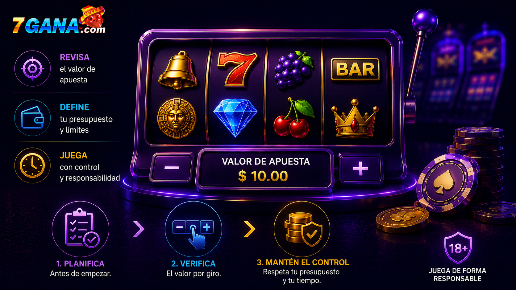 Composición editorial sobre valor de apuesta en tragamonedas con elementos de tragamonedas claros y una interfaz móvil simplificada.