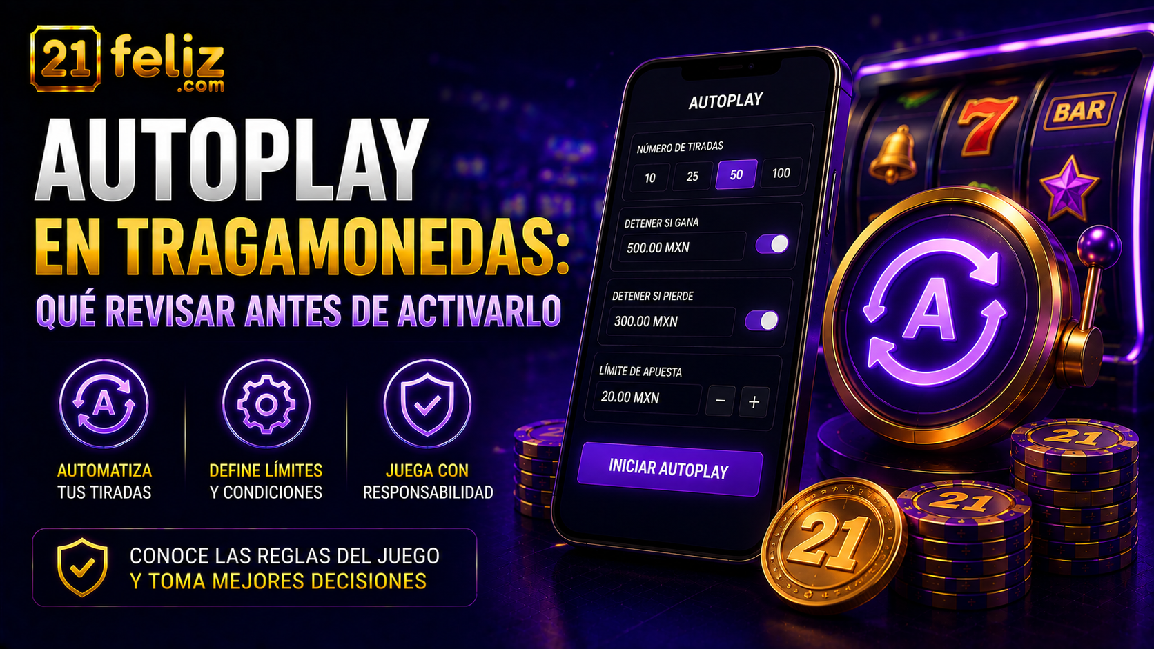 Imagen editorial sobre autoplay en tragamonedas para una guía informativa dirigida a usuarios adultos en México.