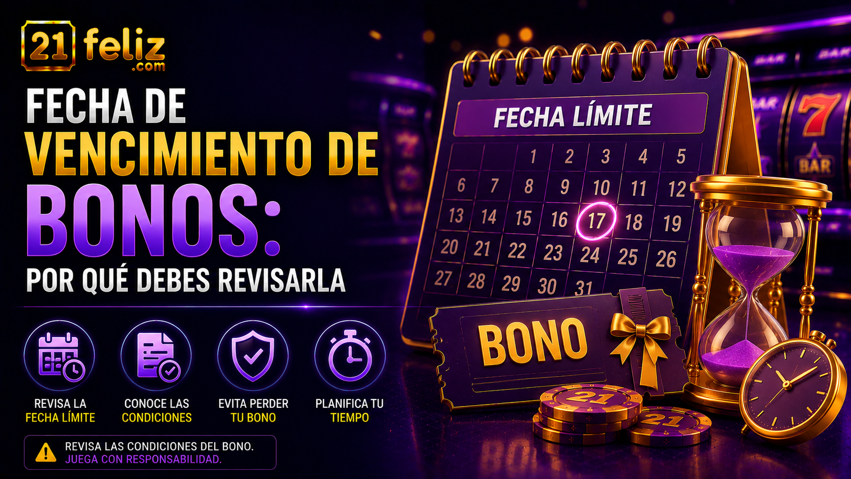 Imagen editorial sobre vencimiento de bonos de casino para una guía informativa dirigida a usuarios adultos en México.