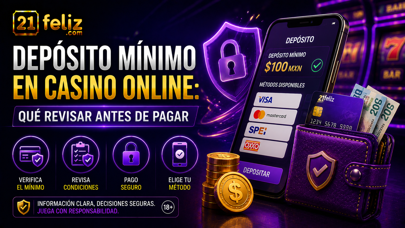 Imagen editorial sobre depósito mínimo en casino online para una guía informativa dirigida a usuarios adultos en México.