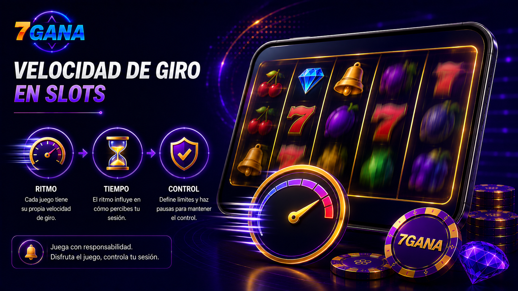 Visual educativo sobre velocidad de giro en slots con elementos de tragamonedas simplificados y controles claros para usuarios móviles.