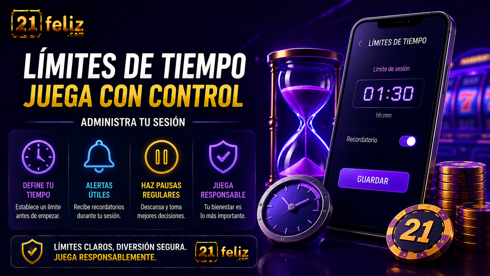 Imagen editorial sobre límites de tiempo al jugar tragamonedas para usuarios adultos en México.