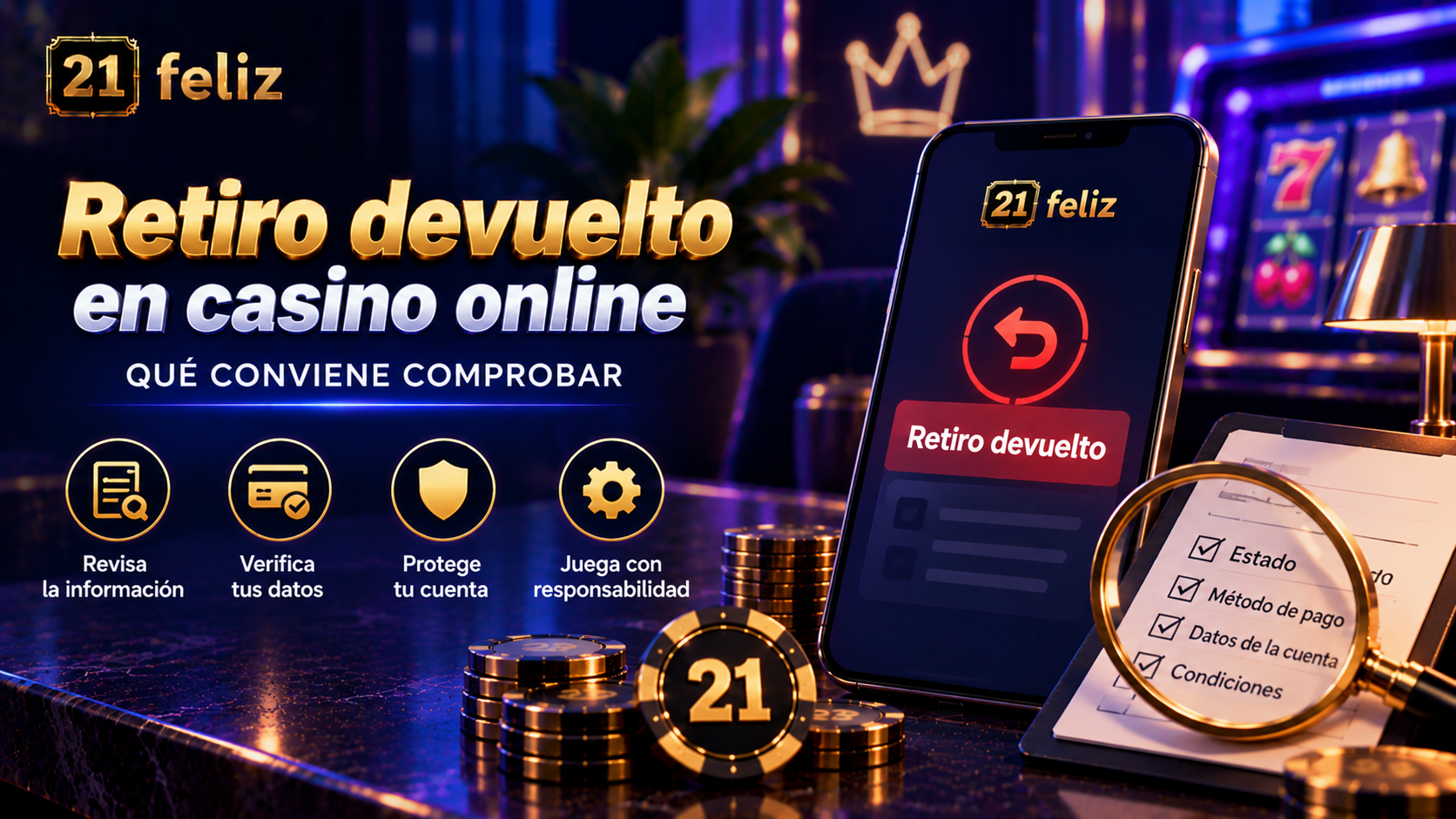 Imagen editorial sobre retiro devuelto en casino online con una composición clara para usuarios adultos en México.