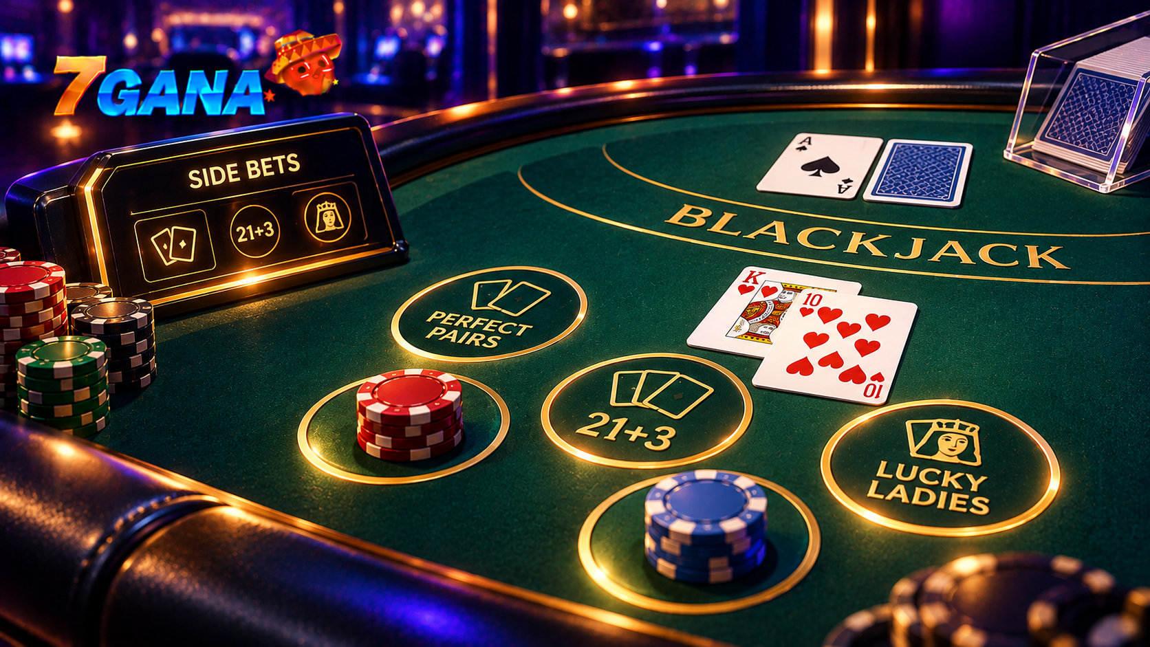 Composición editorial sobre apuestas laterales en blackjack con elementos visuales específicos que explican el tema de forma clara.