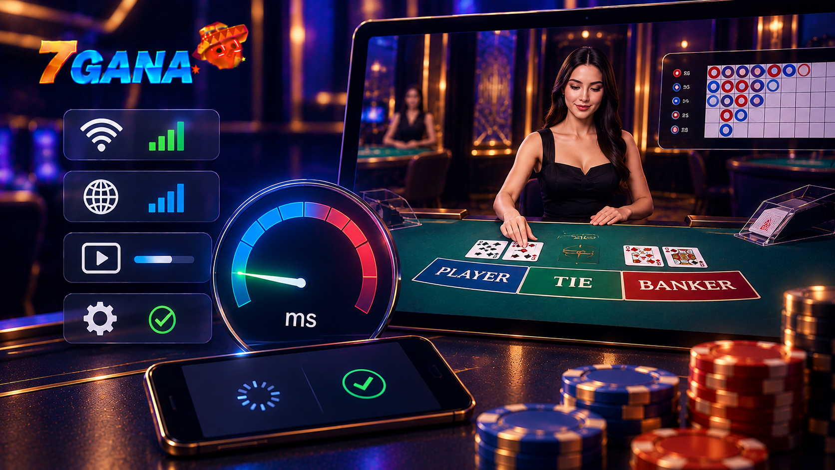 Composición editorial sobre latencia en casino en vivo con elementos visuales específicos que explican el tema de forma clara.
