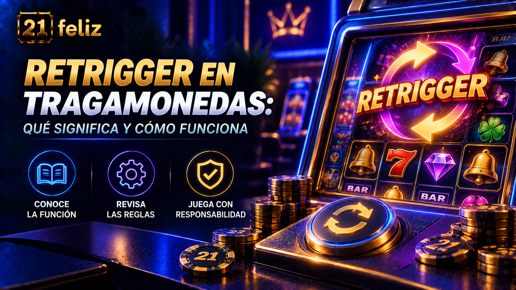 Imagen editorial sobre retrigger en tragamonedas con una composición clara y educativa para usuarios adultos en México.