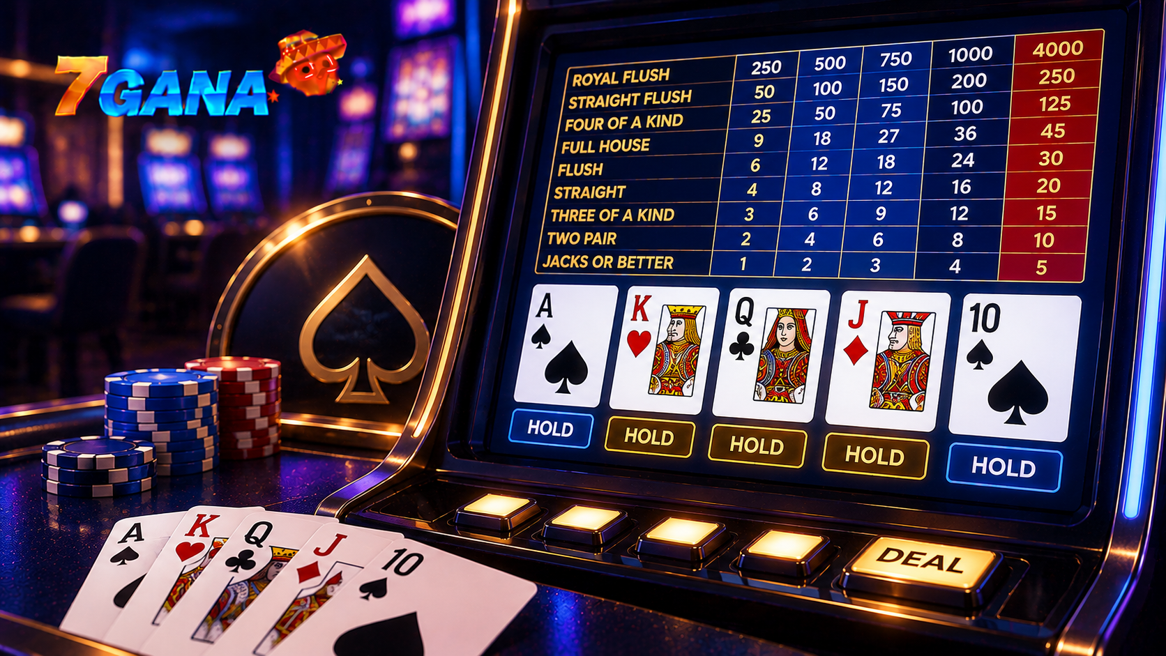 Guía visual sobre tabla de pagos de video poker con elementos directamente relacionados con sus reglas y funcionamiento.