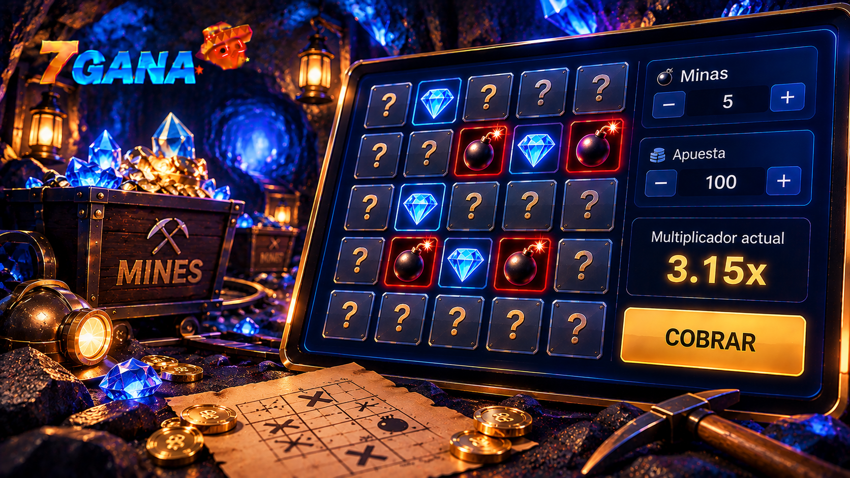 Guía visual sobre juego Mines online con elementos directamente relacionados con sus reglas y funcionamiento.