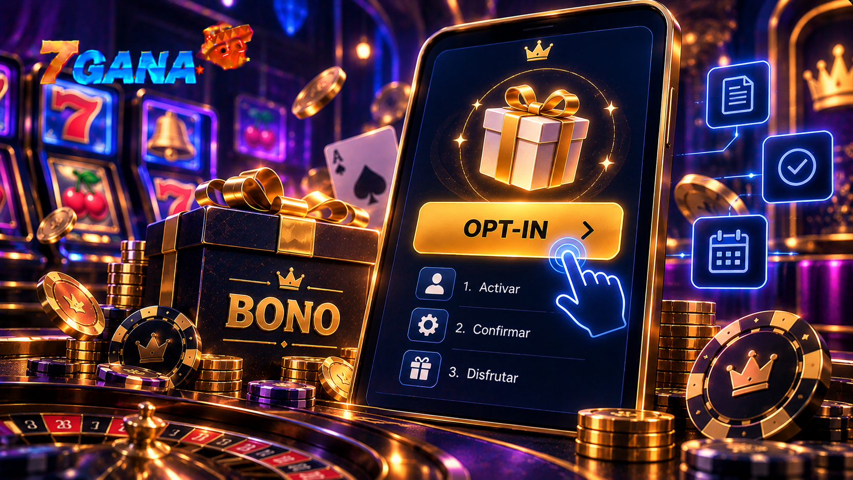 Guía visual sobre activar un bono de casino con elementos directamente relacionados con sus reglas y funcionamiento.