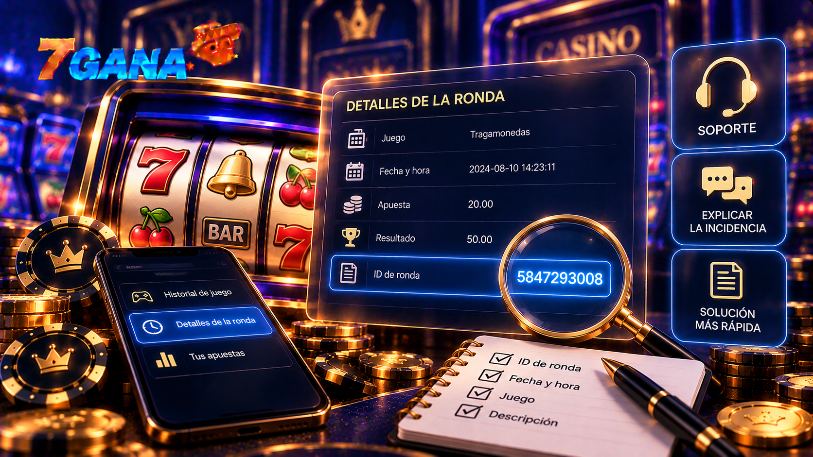 Guía visual sobre ID de ronda en casino online con elementos directamente relacionados con sus reglas y funcionamiento.