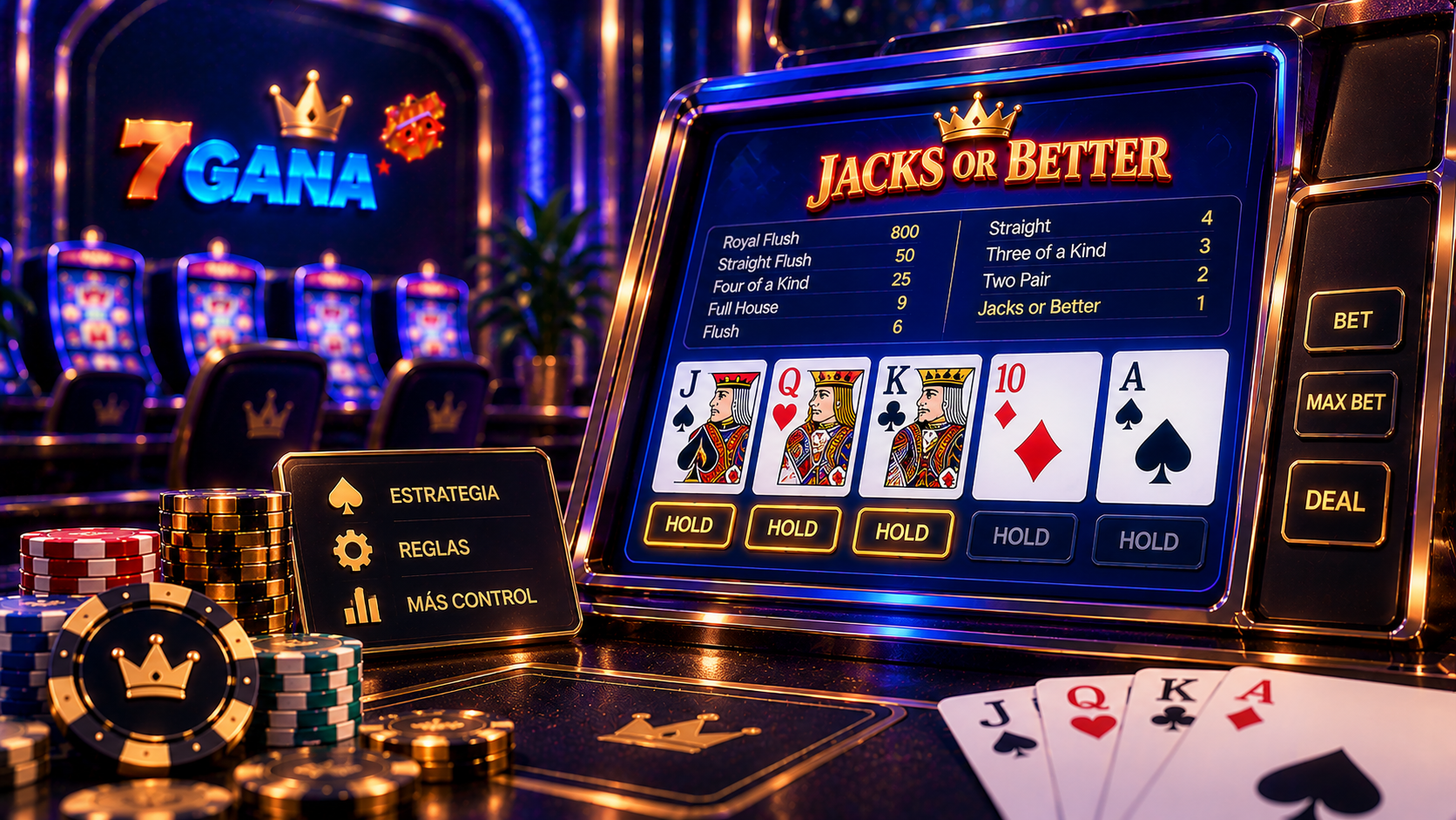 Guía visual sobre Jacks or Better video poker centrada en sus reglas y funcionamiento principal.