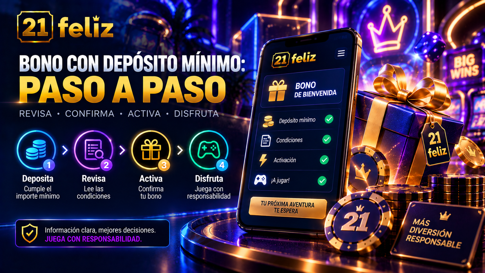Imagen editorial sobre bono con depósito mínimo con reglas y precauciones explicadas para usuarios adultos de casino online en México.
