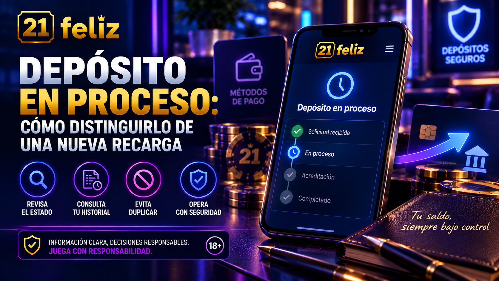 Imagen editorial sobre depósito en proceso con reglas y precauciones explicadas para usuarios adultos de casino online en México.