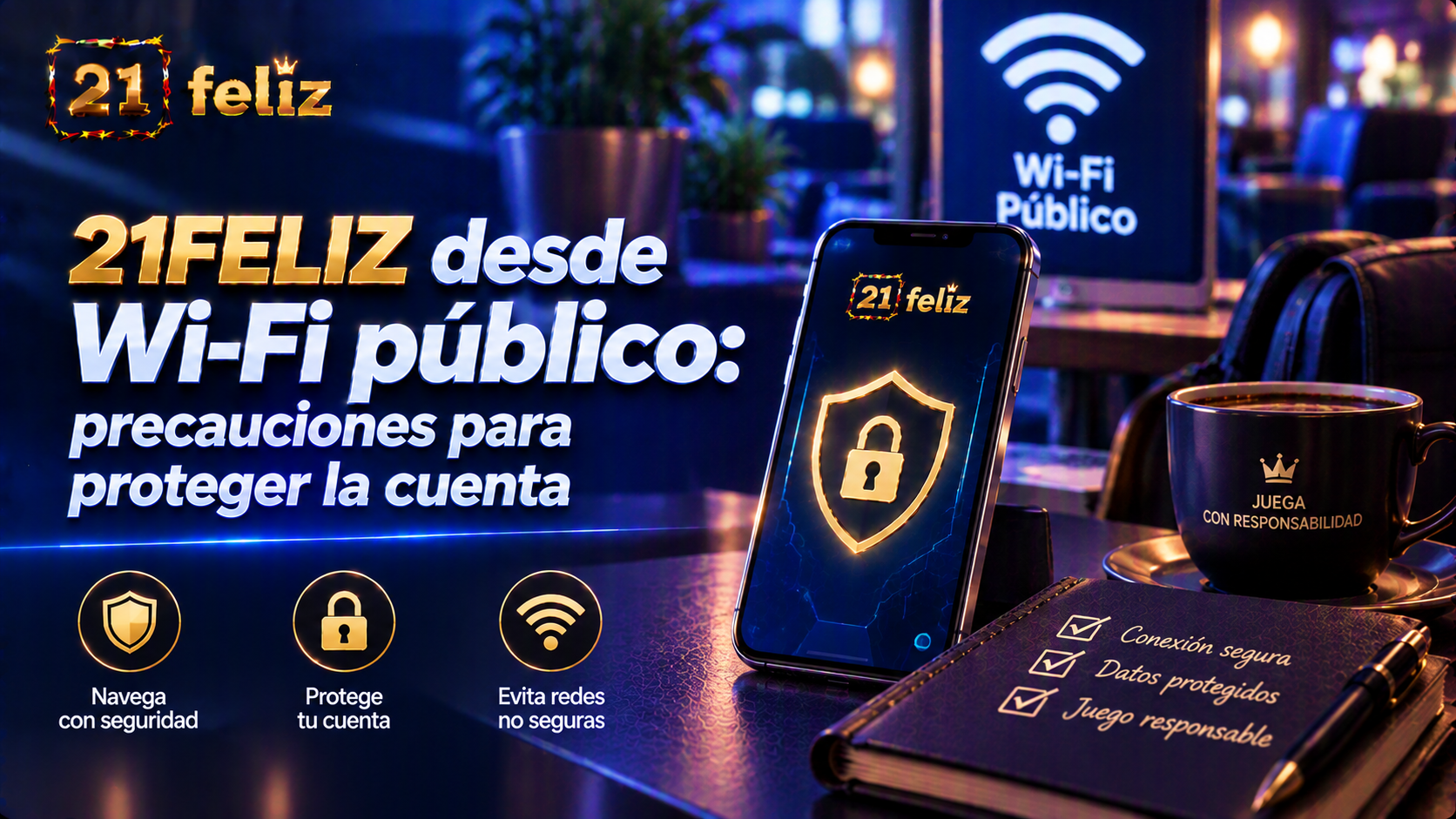 Imagen editorial sobre 21FELIZ en Wi-Fi público con reglas y precauciones explicadas para usuarios adultos de casino online en México.