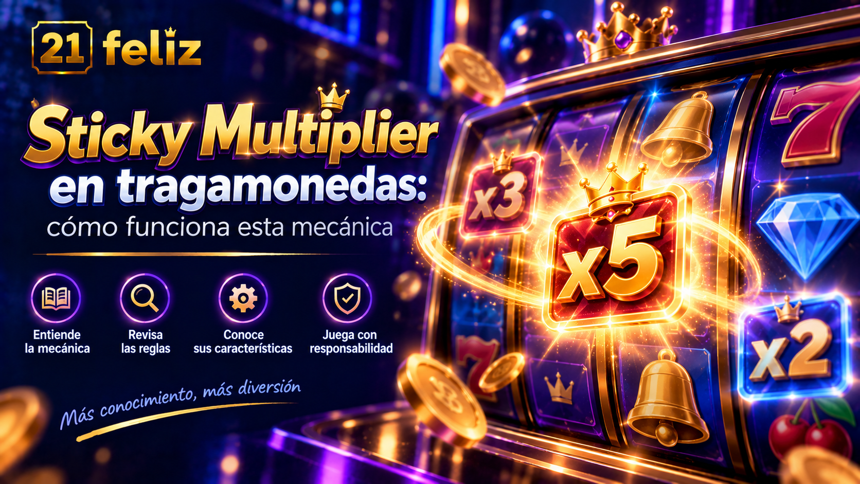 Imagen editorial sobre Sticky Multiplier en tragamonedas con reglas y precauciones explicadas para usuarios adultos de casino online en México.