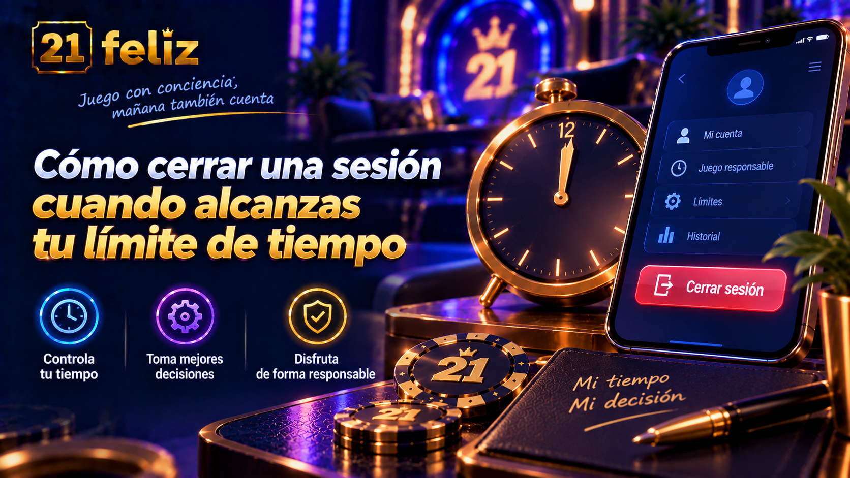 Imagen editorial sobre cerrar una sesión de juego con reglas y precauciones explicadas para usuarios adultos de casino online en México.