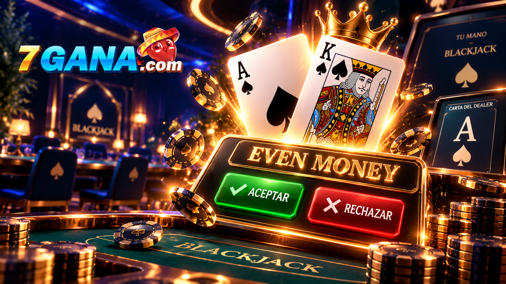 Escena educativa sobre even money en blackjack con elementos visuales del mecanismo o proceso explicado en la guía.