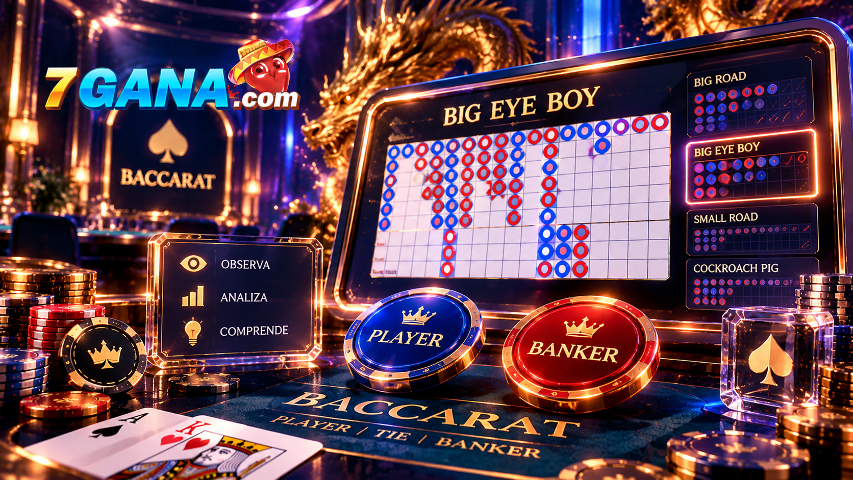 Escena educativa sobre Big Eye Boy en baccarat con elementos visuales del mecanismo o proceso explicado en la guía.