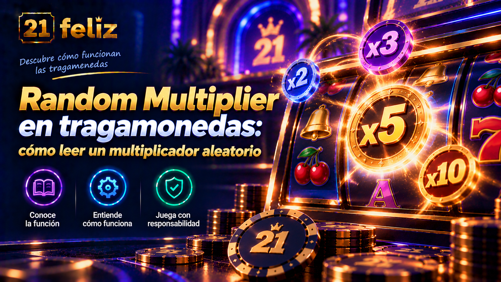 Imagen editorial sobre Random Multiplier en tragamonedas con reglas y precauciones explicadas para usuarios adultos de casino online en México.