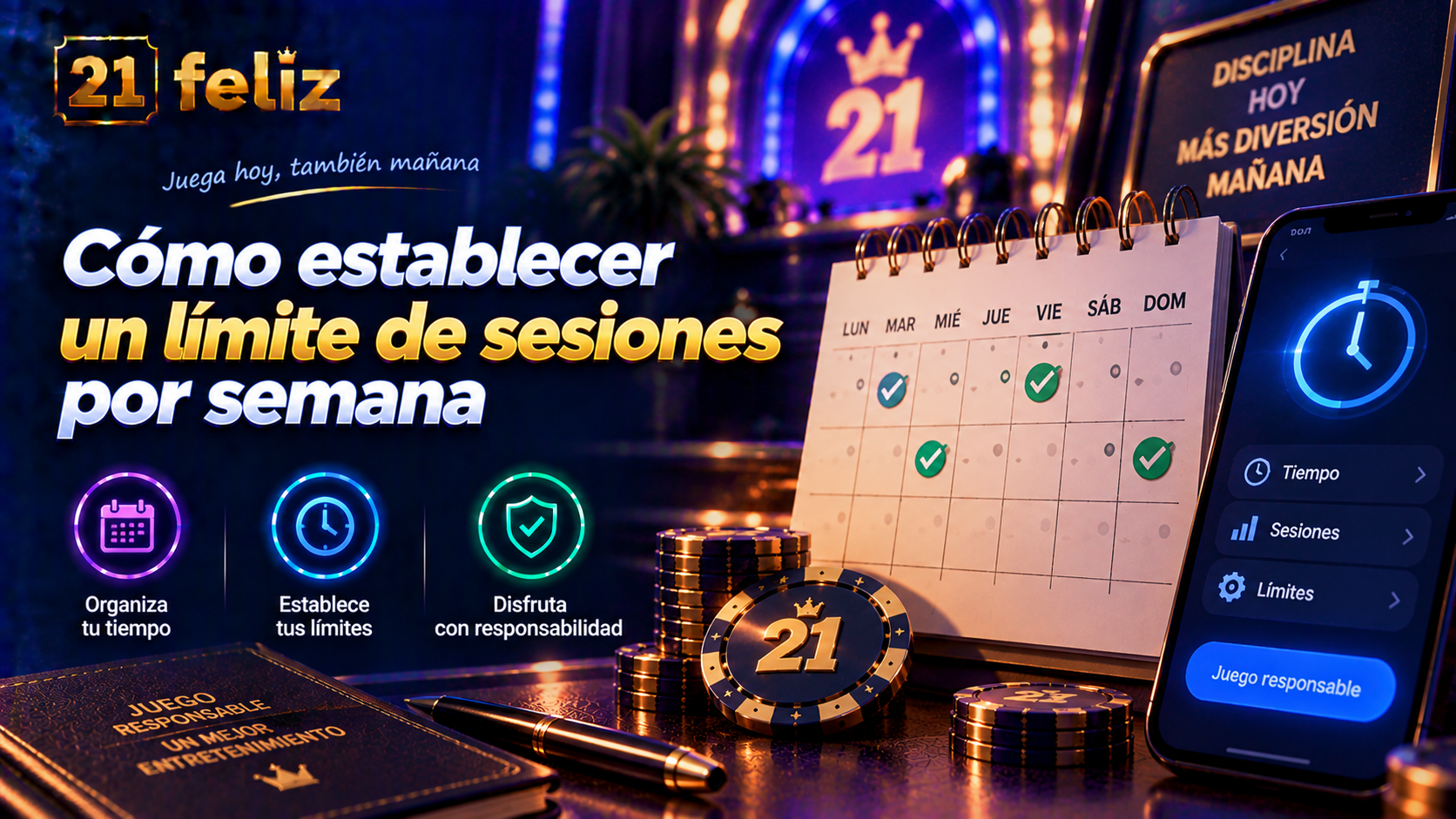 Imagen editorial sobre límite de sesiones por semana con reglas y precauciones explicadas para usuarios adultos de casino online en México.