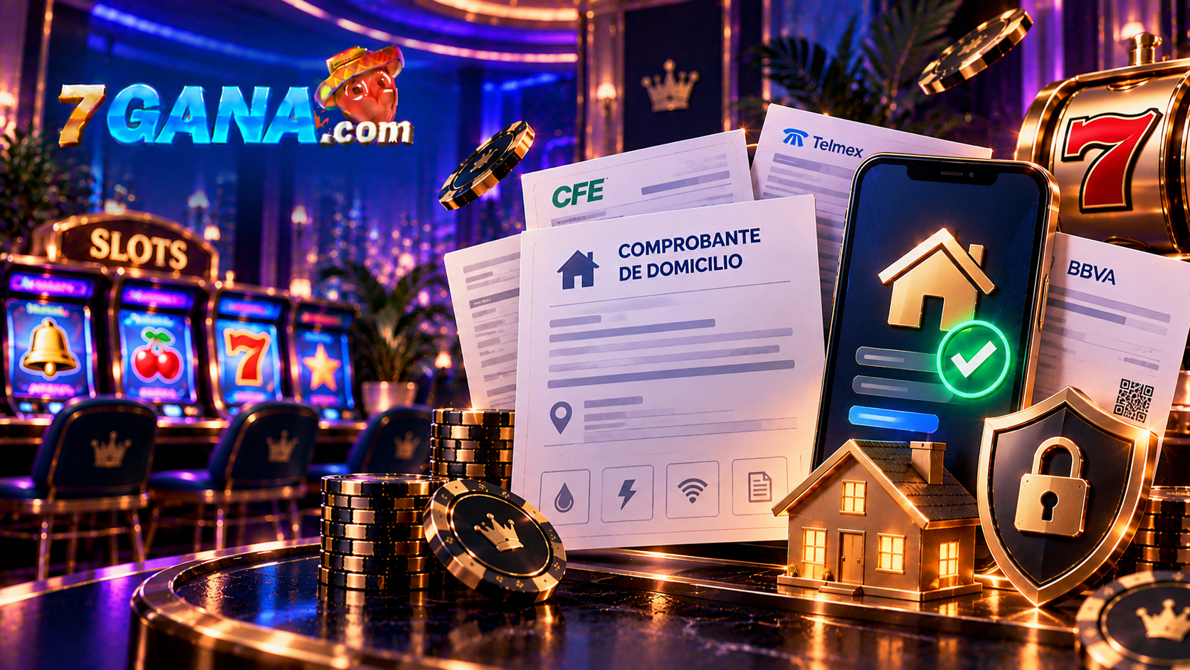 Ilustración educativa sobre comprobante de domicilio en casino online con composición editorial clara y elementos directamente relacionados con el tema.