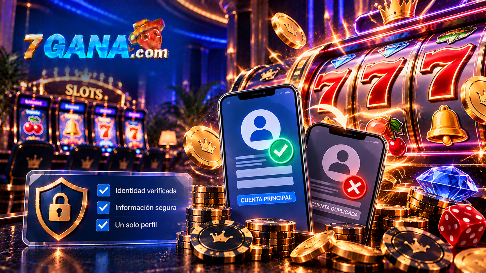 Ilustración educativa sobre cuenta duplicada en casino online con composición editorial clara y elementos directamente relacionados con el tema.