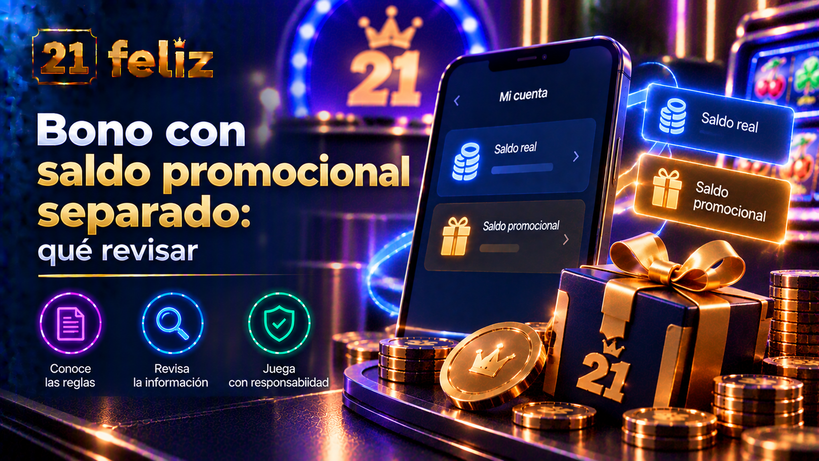 Imagen editorial sobre saldo promocional separado con reglas y precauciones explicadas para usuarios adultos de casino online en México.