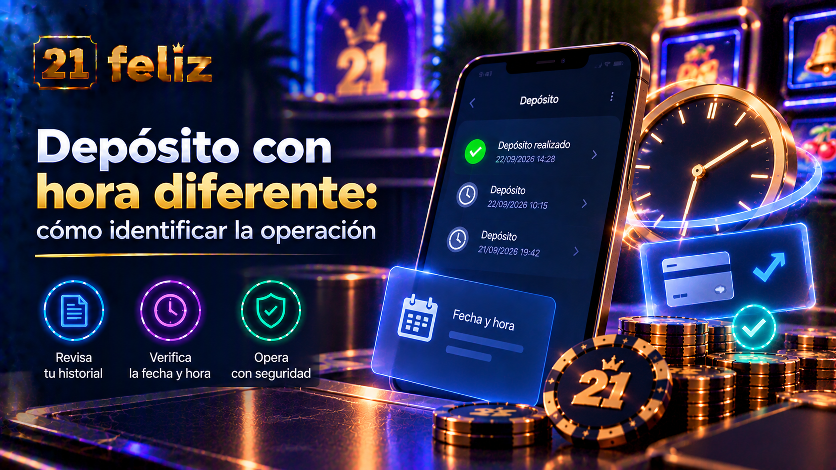 Imagen editorial sobre depósito con hora diferente con reglas y precauciones explicadas para usuarios adultos de casino online en México.