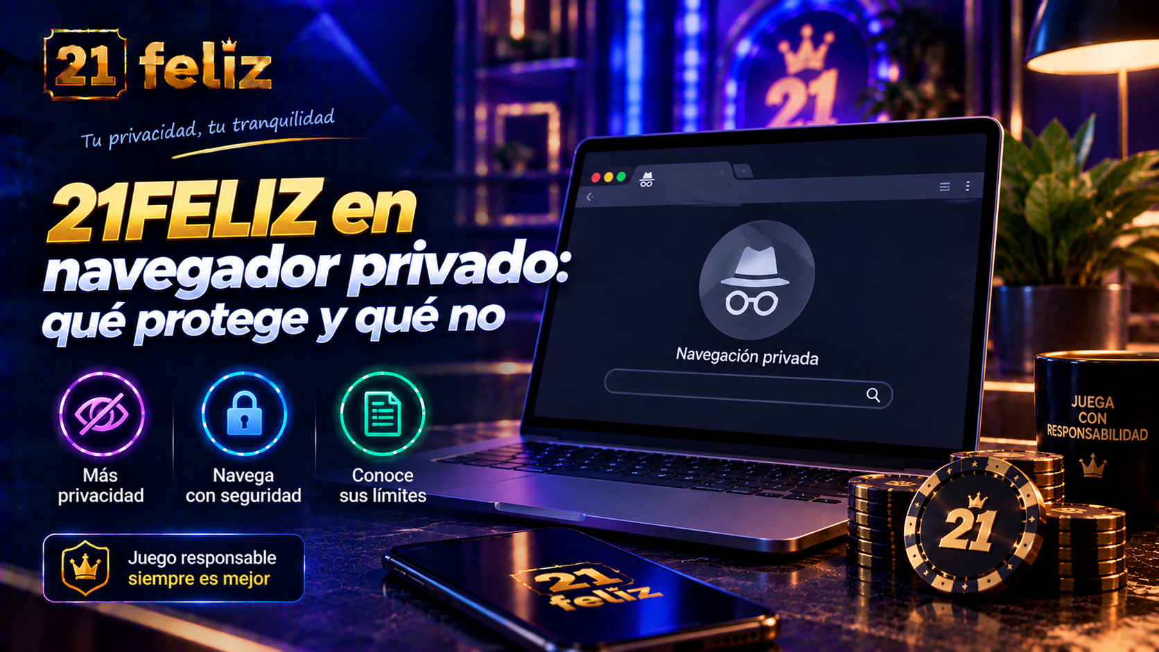 Imagen editorial sobre 21FELIZ en navegador privado con reglas y precauciones explicadas para usuarios adultos de casino online en México.